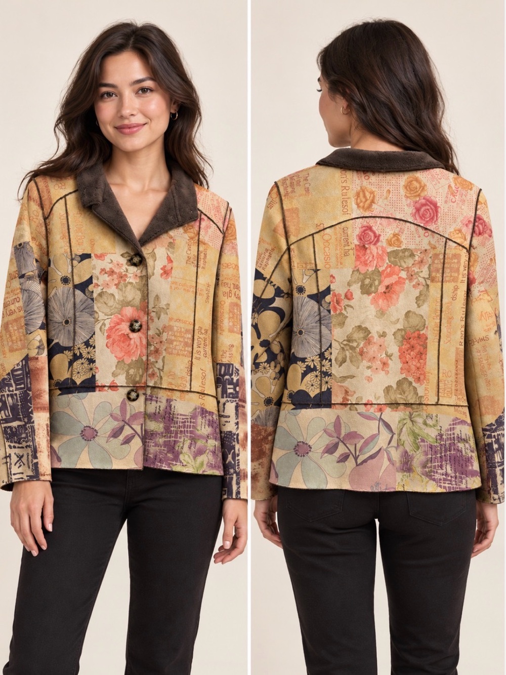 Parkhurst Multi-Color Patchwork Floral Blazer with Brown Collar